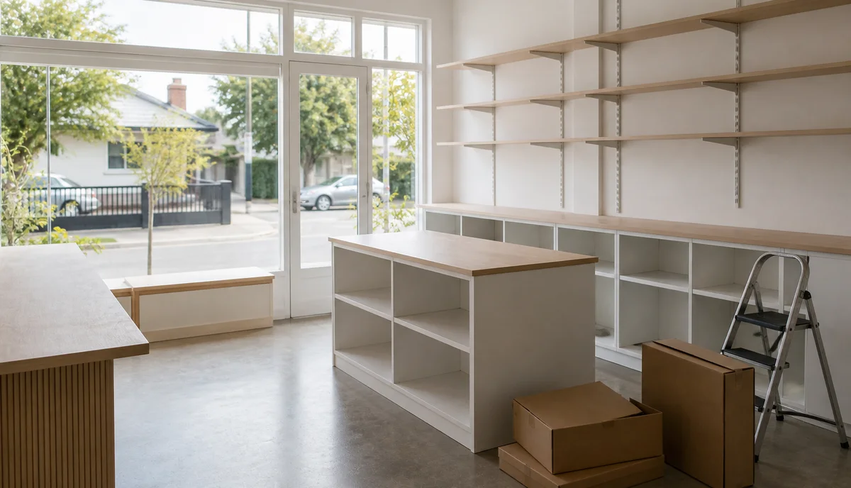 A retail space part way through fitout, with empty shelving and unpacked boxes