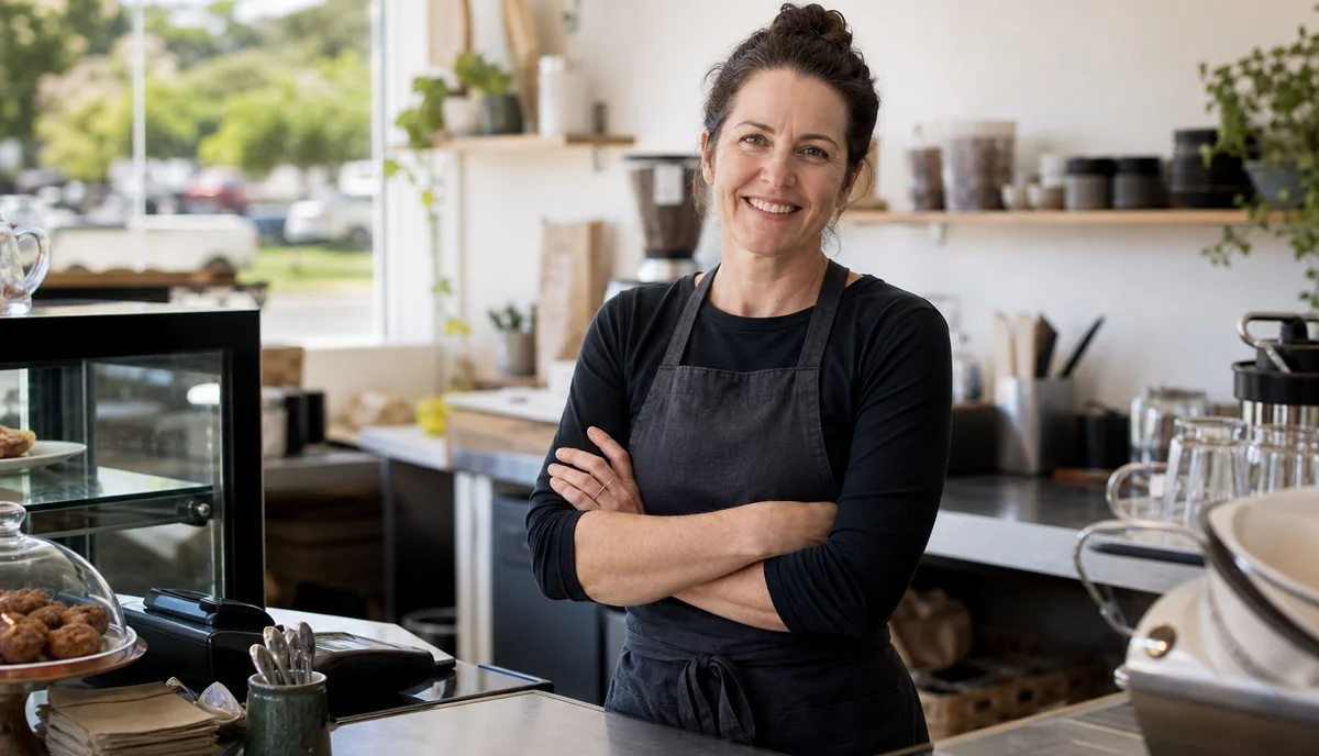 A cafe owner smiling behind the counter of her espresso bar