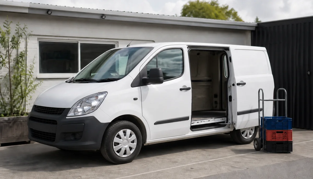 A white commercial van parked with its side door slid open
