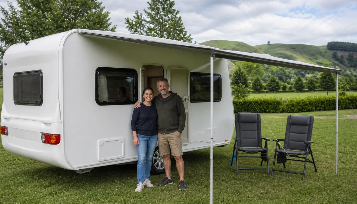 A couple at the open door of their family caravan at a holiday park, with the awning out