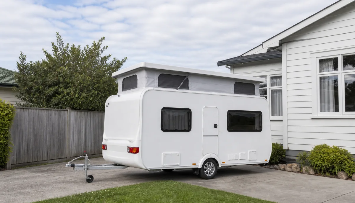 A compact pop top caravan with its roof raised on a suburban driveway