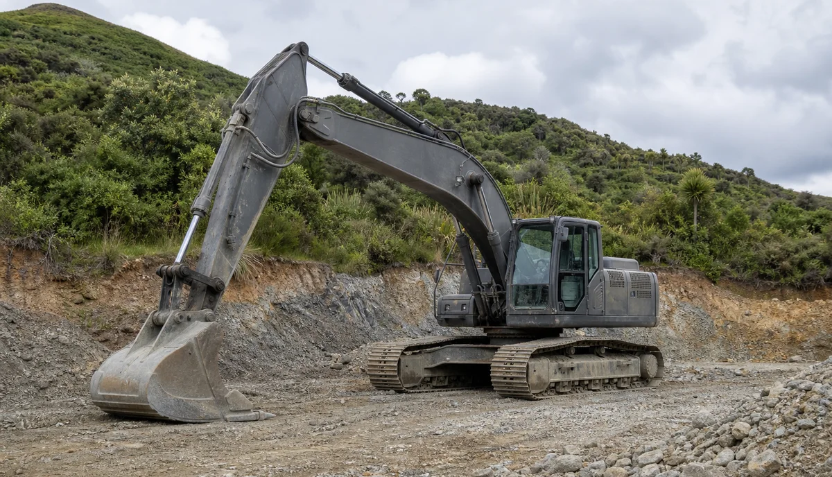 A tracked excavator parked on a benched earthworks site