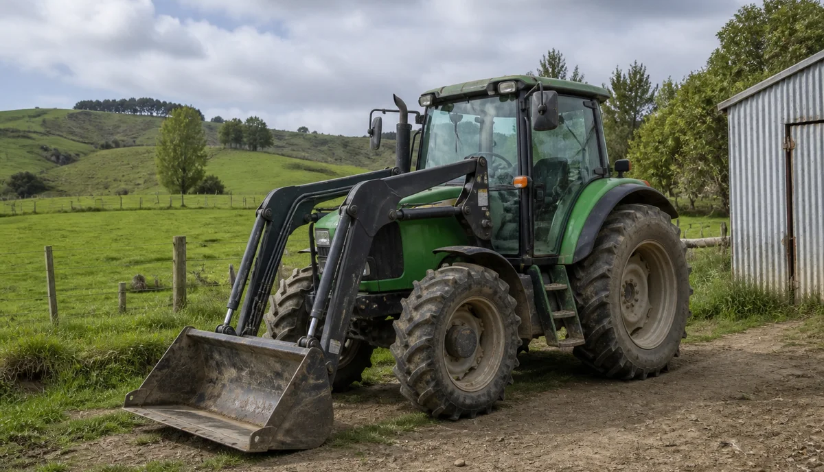 A green farm tractor with a front end loader parked beside a paddock