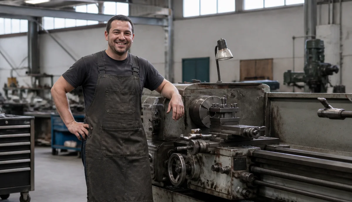 An engineer smiling beside the lathe in his workshop