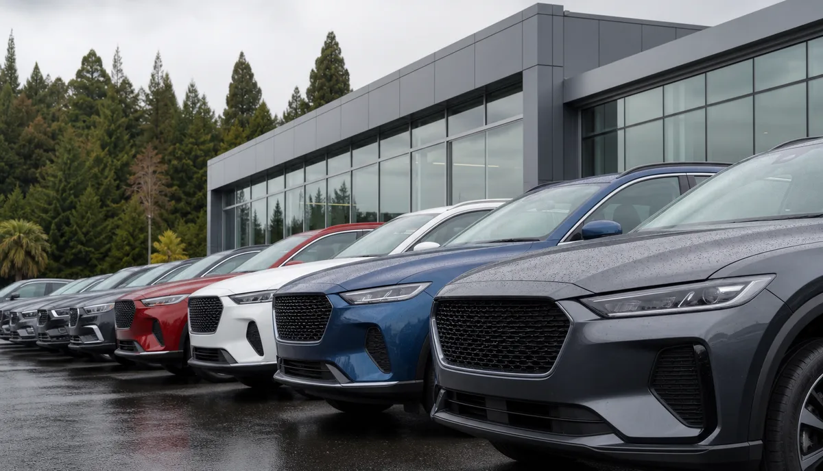 A row of cars on a dealership forecourt