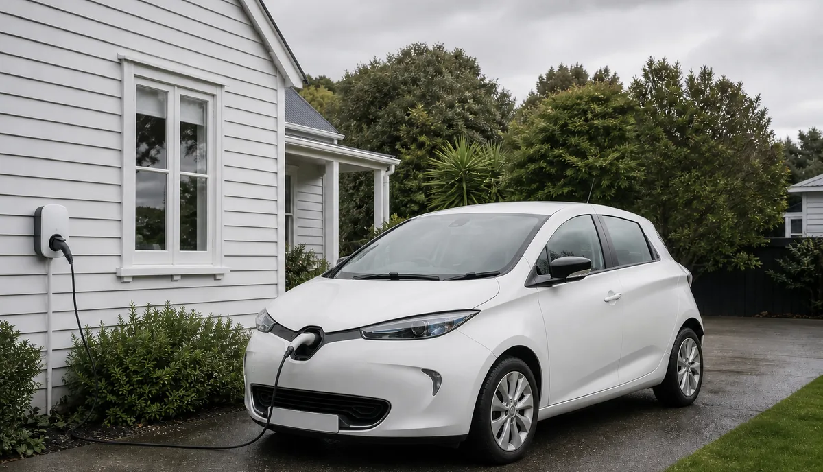 An electric hatchback on a suburban driveway, plugged into a wall mounted home charger