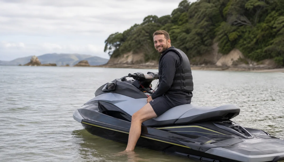 A man sitting on a jet ski in shallow water off a New Zealand beach, a bush-covered headland behind him