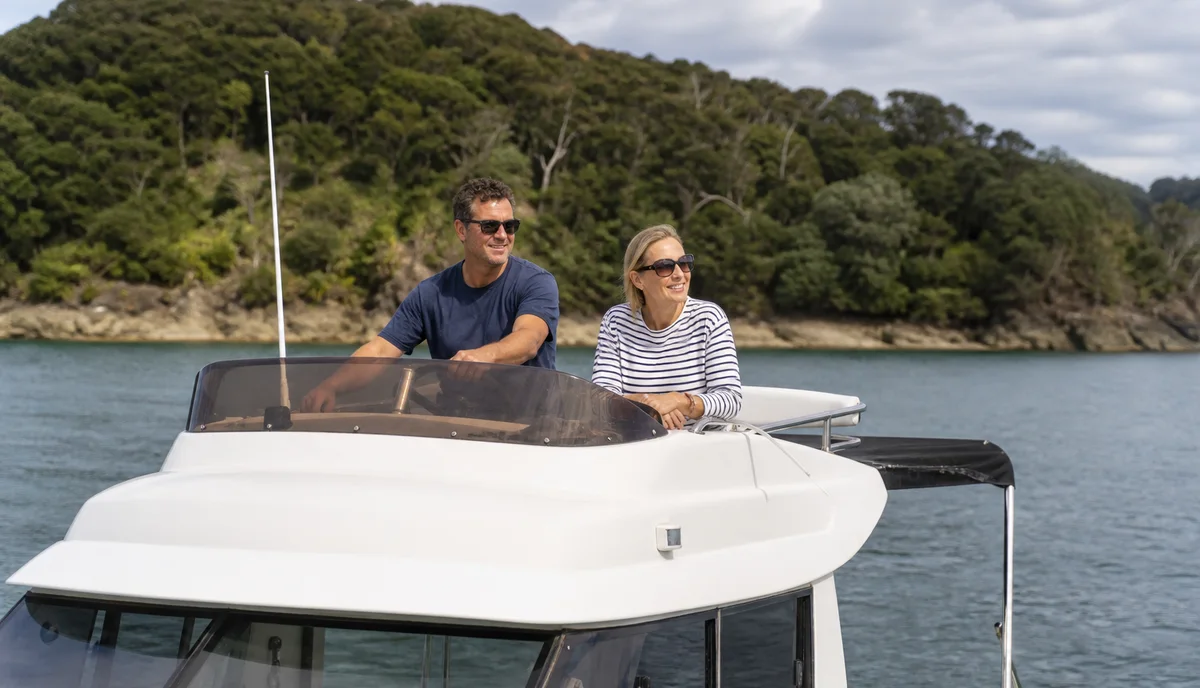A couple at the helm of a cabin launch cruising a calm New Zealand bay in the late afternoon