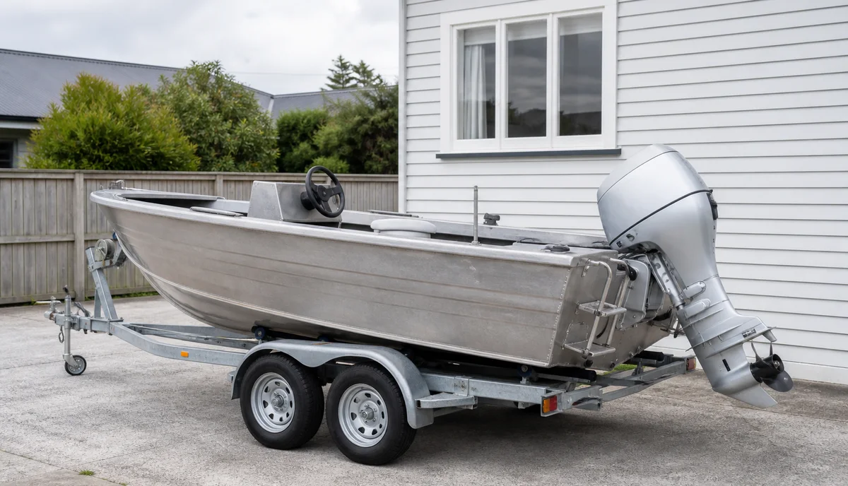 An aluminium trailer boat parked on its tandem trailer in a suburban driveway
