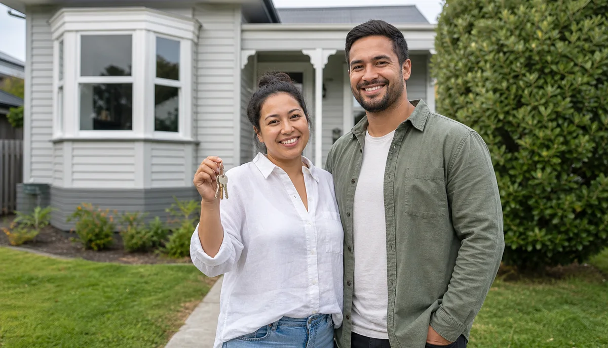 A couple smiling on the front path of their home, holding the keys