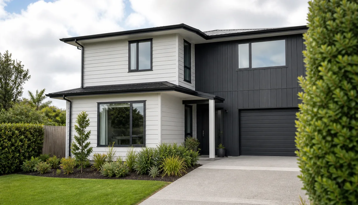 A modern two storey family home behind a landscaped front garden