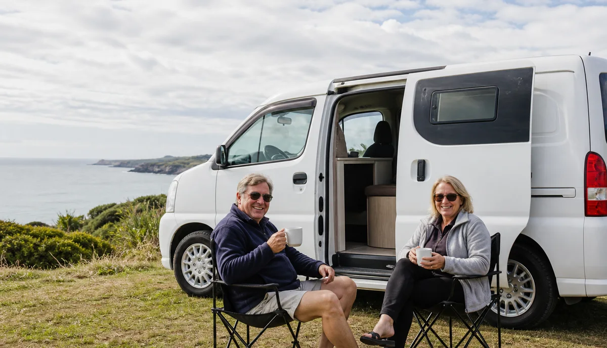 A couple with mugs in camp chairs beside their compact campervan at a coastal campsite