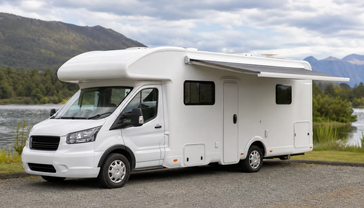 A large six berth motorhome with its awning out at a lakeside holiday park