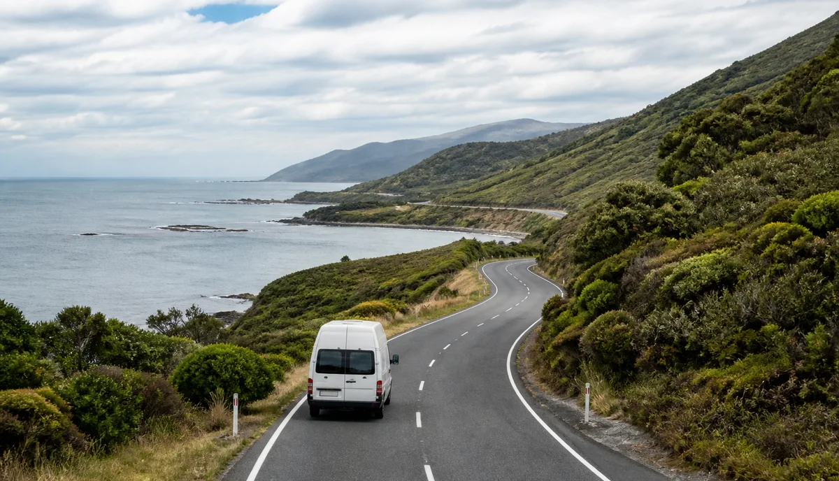 A campervan following a winding coastal road above the sea