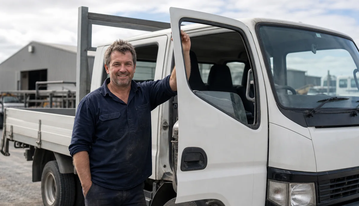 A driver standing at the open cab door of a white flat deck light truck in a transport yard