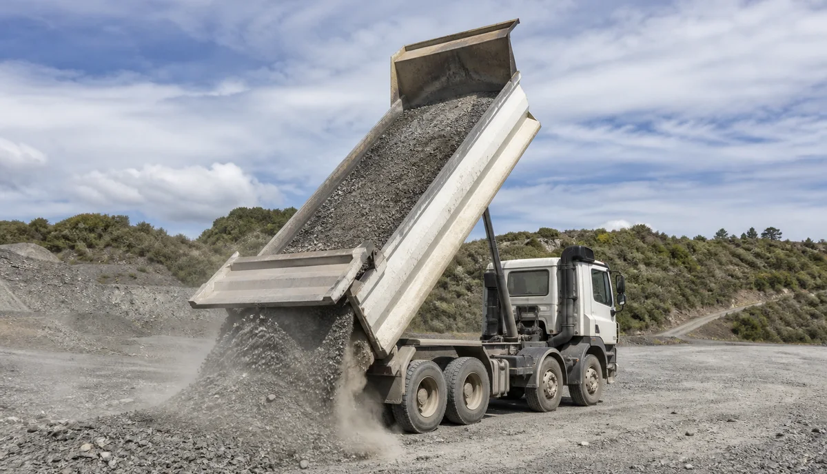 A heavy tipper truck raising its tray to unload gravel at a quarry