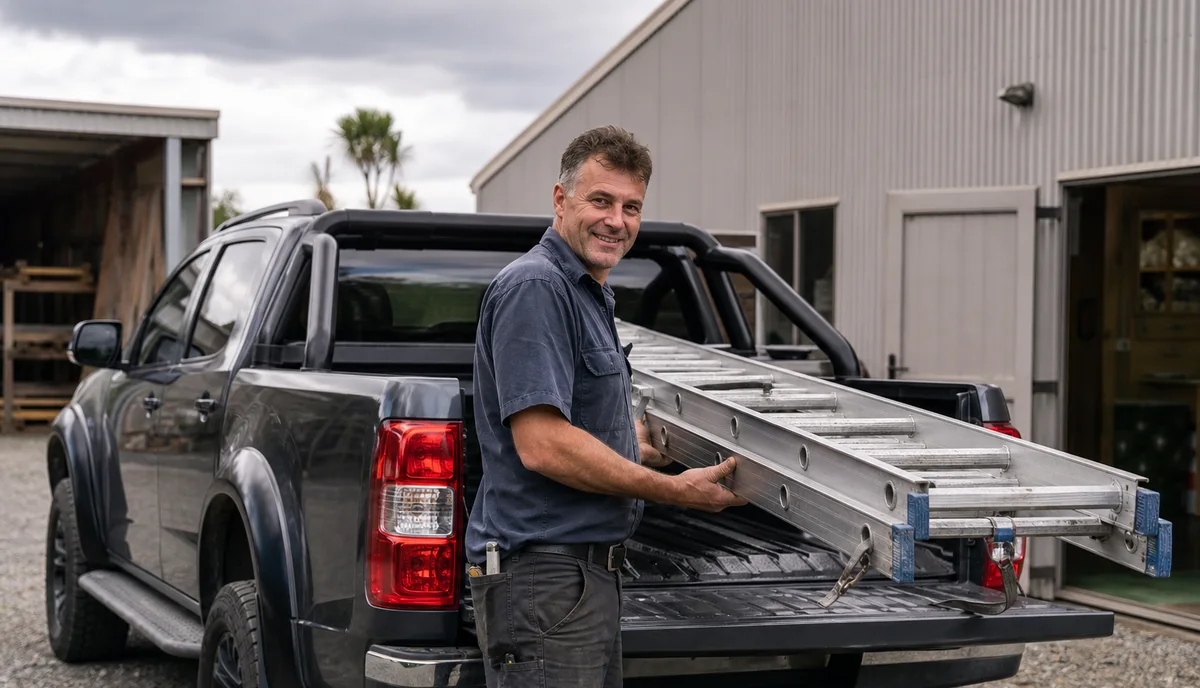 A tradesman lifting a ladder from the tray of his ute outside a workshop