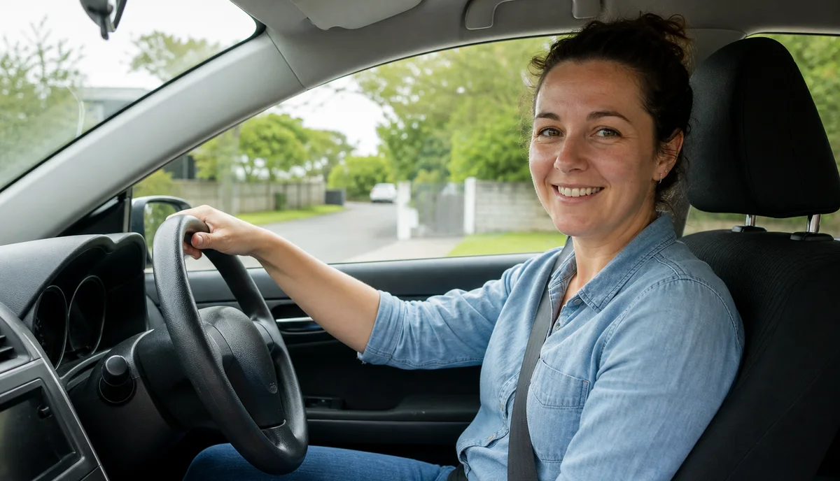 A driver smiling in the seat of her car, parked outside a New Zealand home