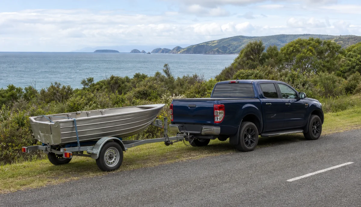 A double cab ute towing a boat trailer on a coastal road